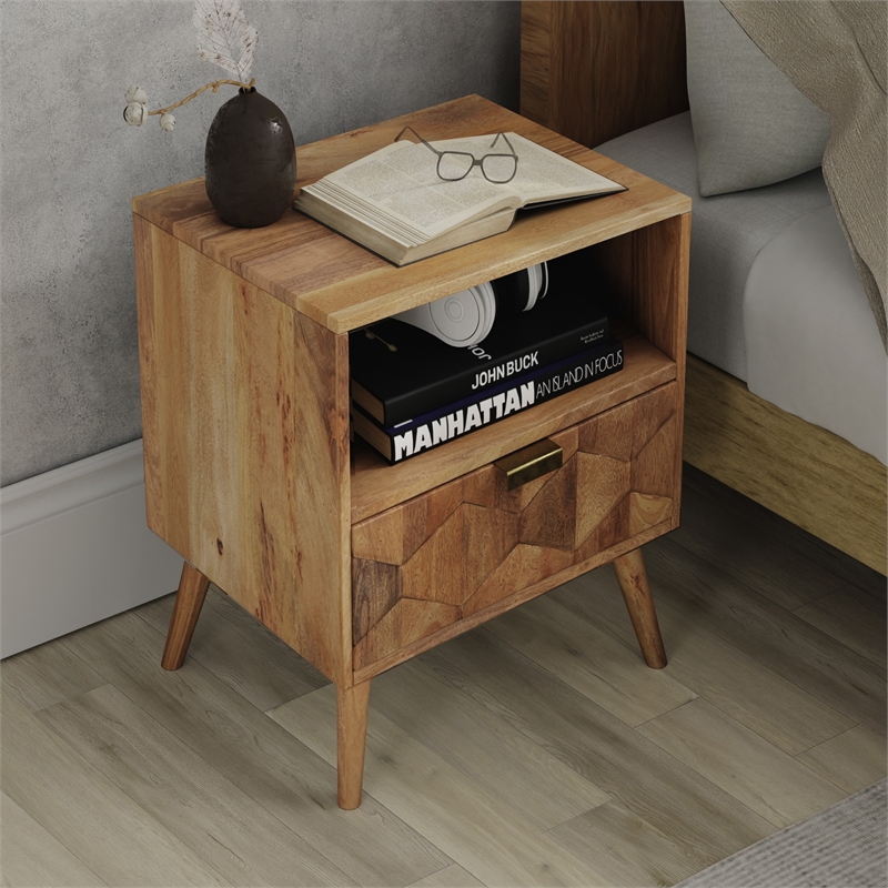 Casartis Living Carson Mid-Century Solid Wood Nightstand in Brown