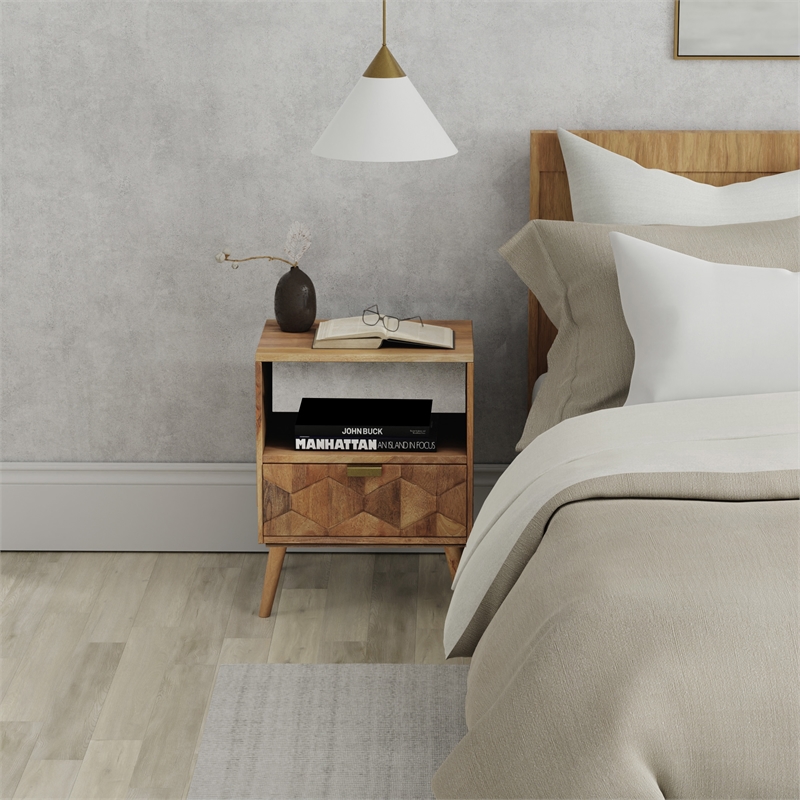 Casartis Living Carson Mid-Century Solid Wood Nightstand in Brown