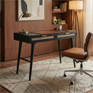 Casartis Living Ella Cane Solid Wood Desk w/ Built-in-Outlet in Black