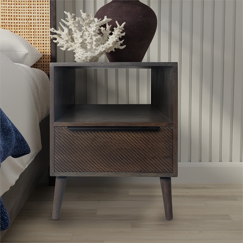 Mid-Century Modern 18W Solid Wood Nightstand with Drawer in Gray