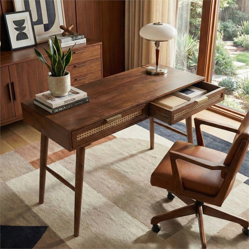 Casartis Living Atlas Cane Mid Century Modern Mango Wood Desk in Walnut