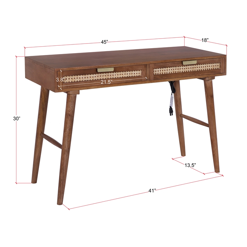 Casartis Living Atlas Cane Mid Century Modern Mango Wood Desk in Walnut