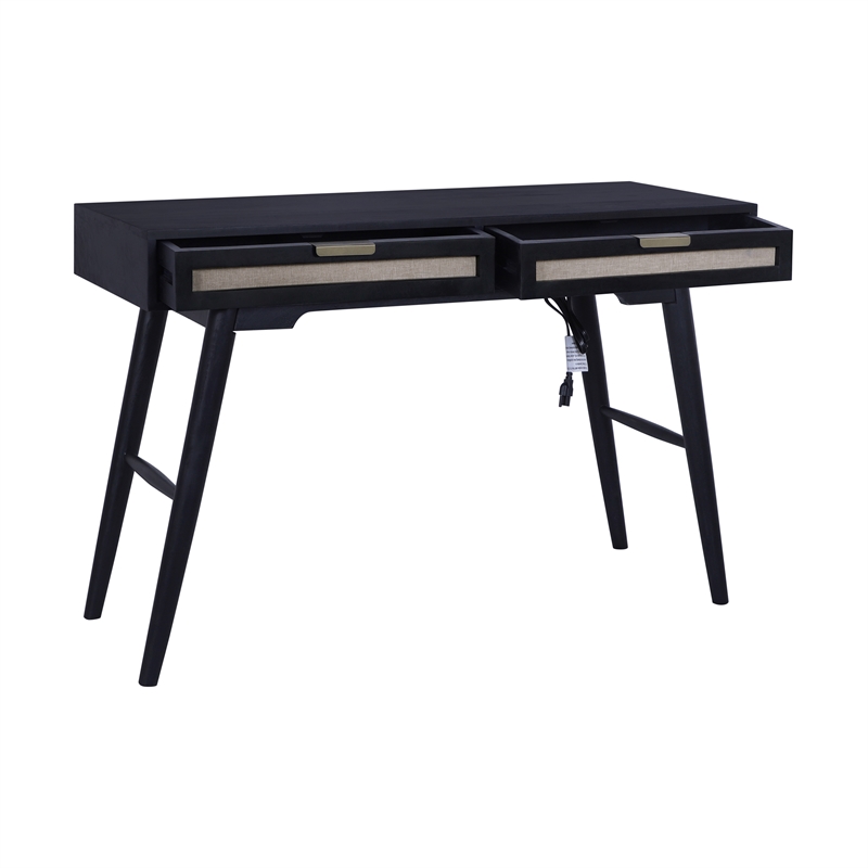 Madison Mid Century Modern Solid Wood-Linen 2 Drawer Desk in Black