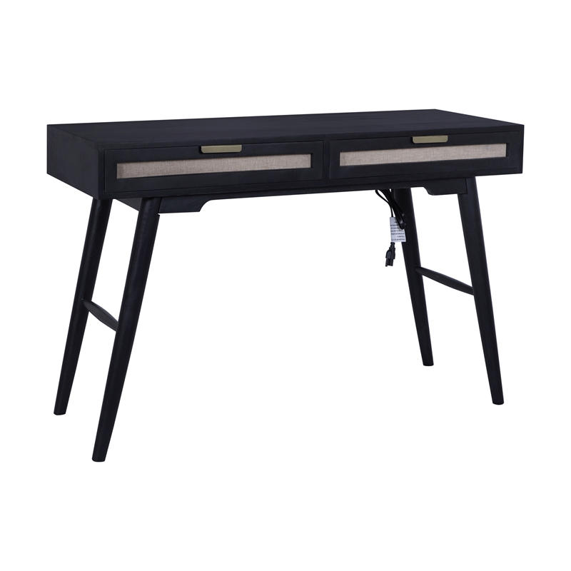 Madison Mid Century Modern Solid Wood-Linen 2 Drawer Desk in Black
