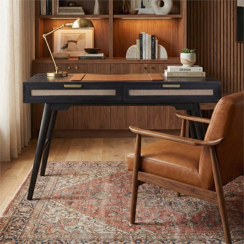 Madison Mid Century Modern Solid Wood-Linen 2 Drawer Desk in Black