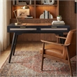 Madison Mid Century Modern Solid Wood-Linen 2 Drawer Desk in Black