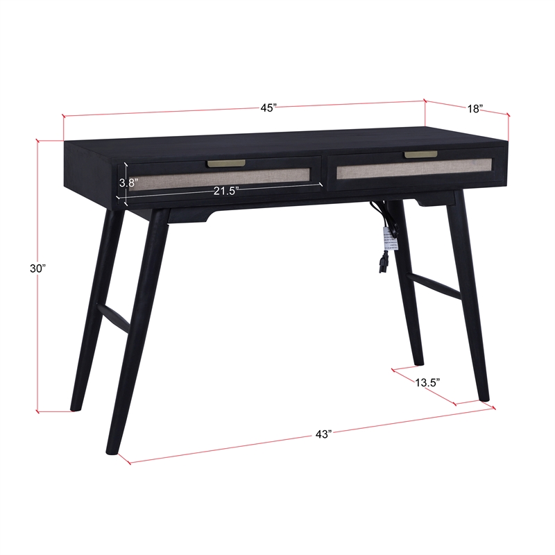 Madison Mid Century Modern Solid Wood-Linen 2 Drawer Desk in Black