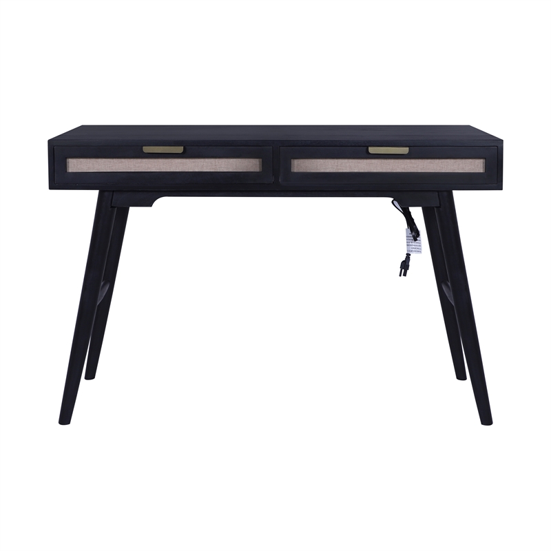 Madison Mid Century Modern Solid Wood-Linen 2 Drawer Desk in Black