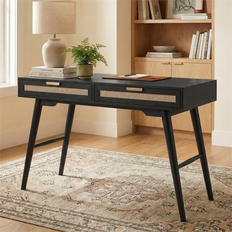 Madison Mid Century Modern Solid Wood-Linen 2 Drawer Desk in Black
