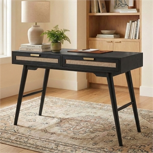 Madison Mid Century Modern Solid Wood-Linen 2 Drawer Desk in Black
