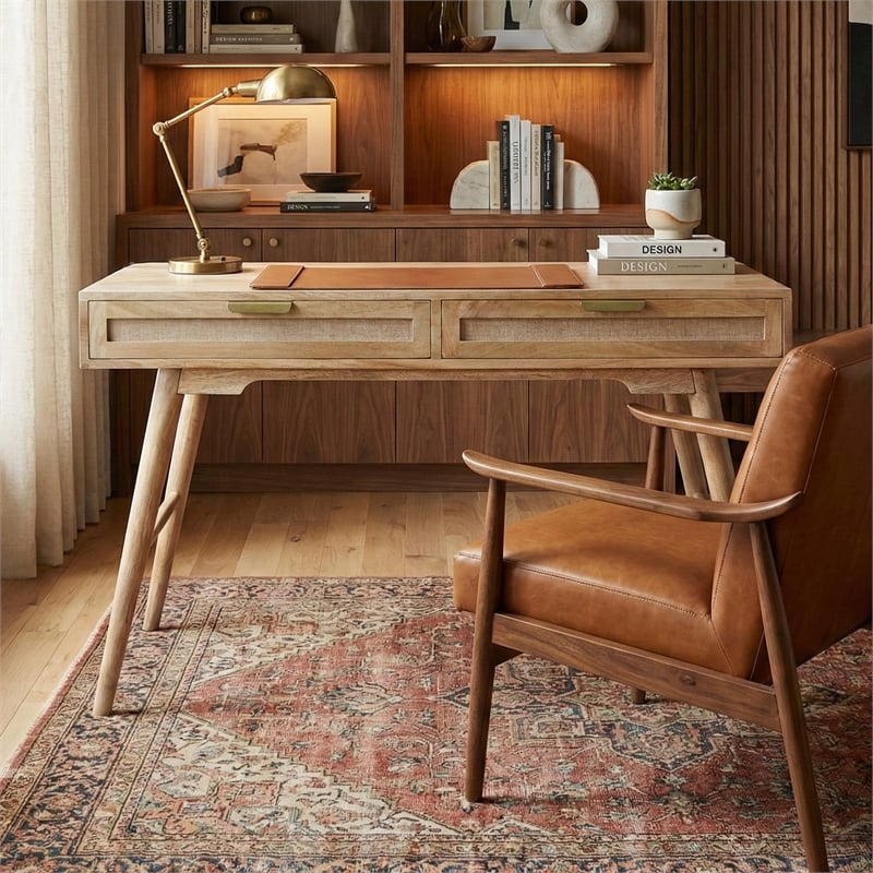 Madison Mid Century Modern Solid Wood-Linen 2 Drawer Desk in Wheatfield