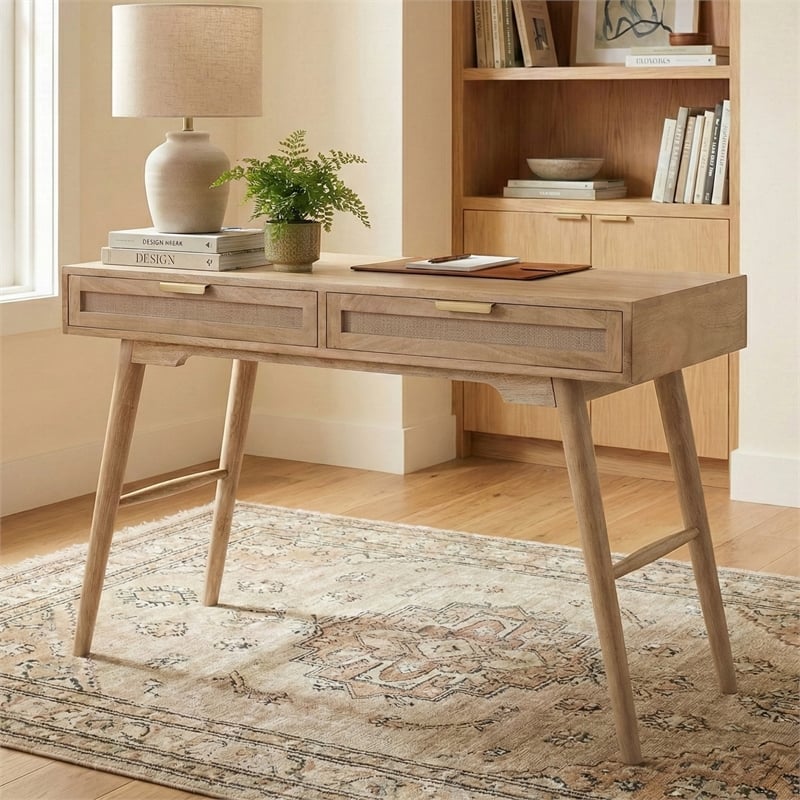 Madison Mid Century Modern Solid Wood-Linen 2 Drawer Desk in Wheatfield