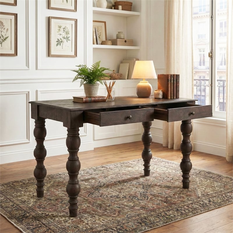 Casartis Living French Country Solid Wood Desk in Coffee Brown