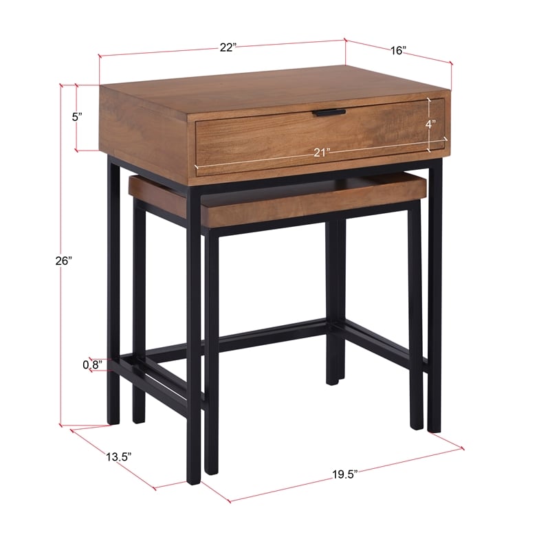 Casartis Living Atelier Solid Wood Iron Nesting Table Set of 2 in Honey Brown