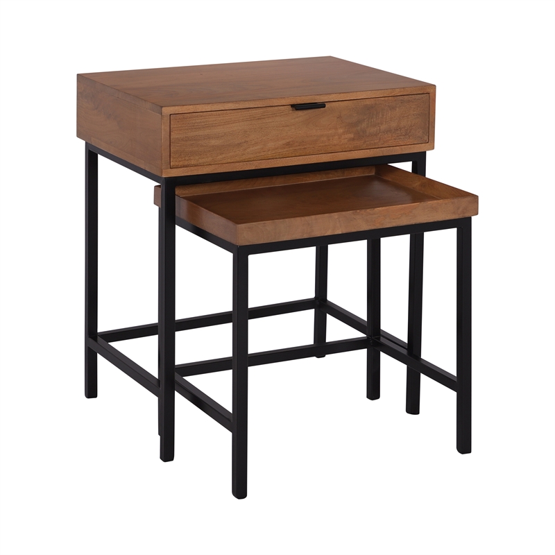 Casartis Living Atelier Solid Wood Iron Nesting Table Set of 2 in Honey Brown