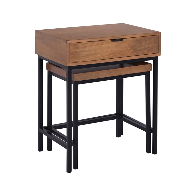 Casartis Living Atelier Solid Wood Iron Nesting Table Set of 2 in Honey Brown