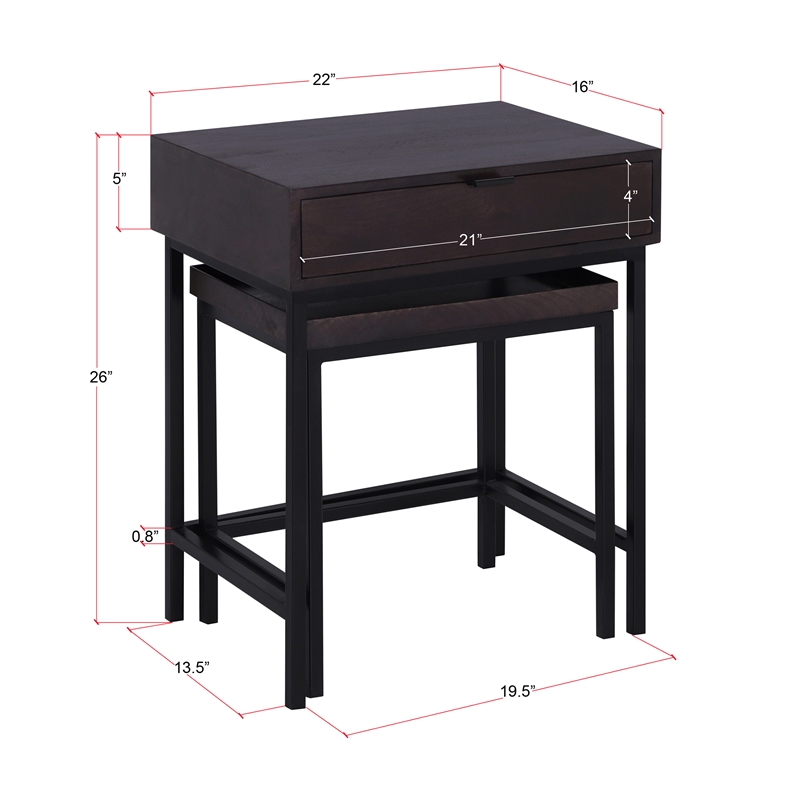 Casartis Living Atelier Solid Wood Iron Nesting Table Set of 2 in Choco Brown