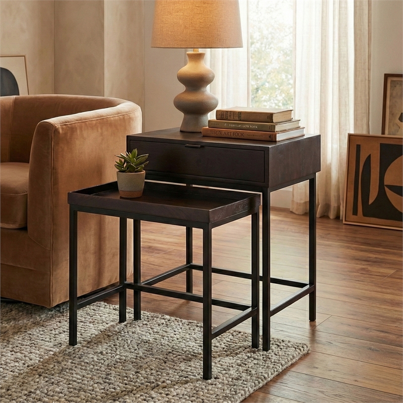 Casartis Living Atelier Solid Wood Iron Nesting Table Set of 2 in Choco Brown