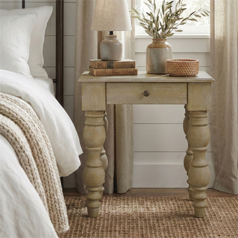 Casartis Living French Country Wood Side Table with Drawer in Rustic Natural
