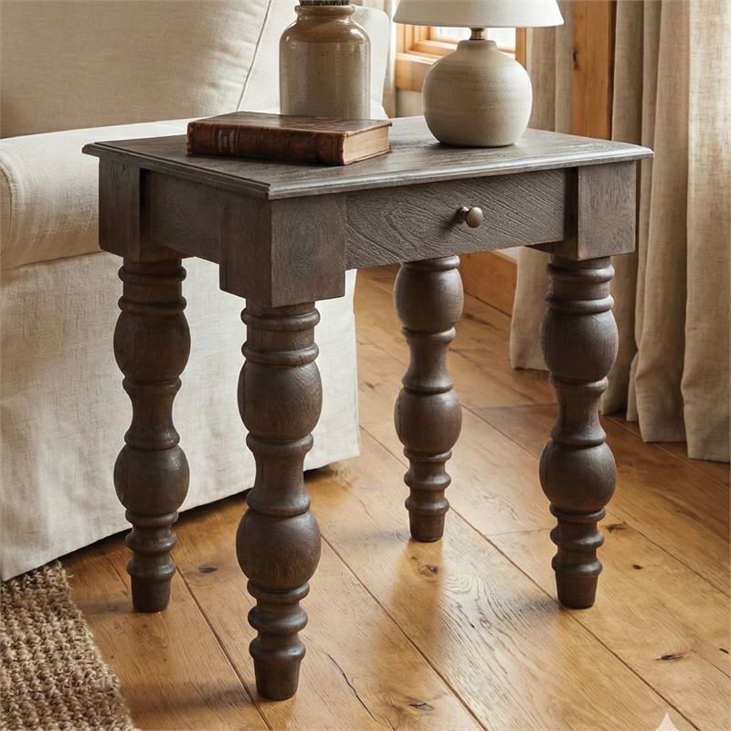 Casartis Living French Country Solid Wood Side Table with Drawer in Coffee Brown