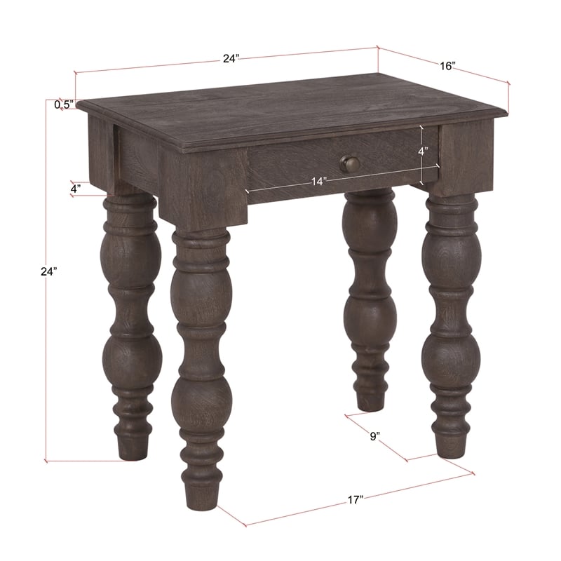 Casartis Living French Country Solid Wood Side Table with Drawer in Coffee Brown