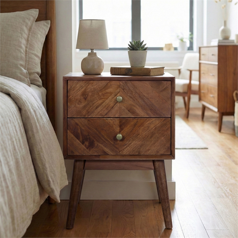 Casartis Living Geometric Mid-Century Solid Wood Nightstand in Acacia Brown
