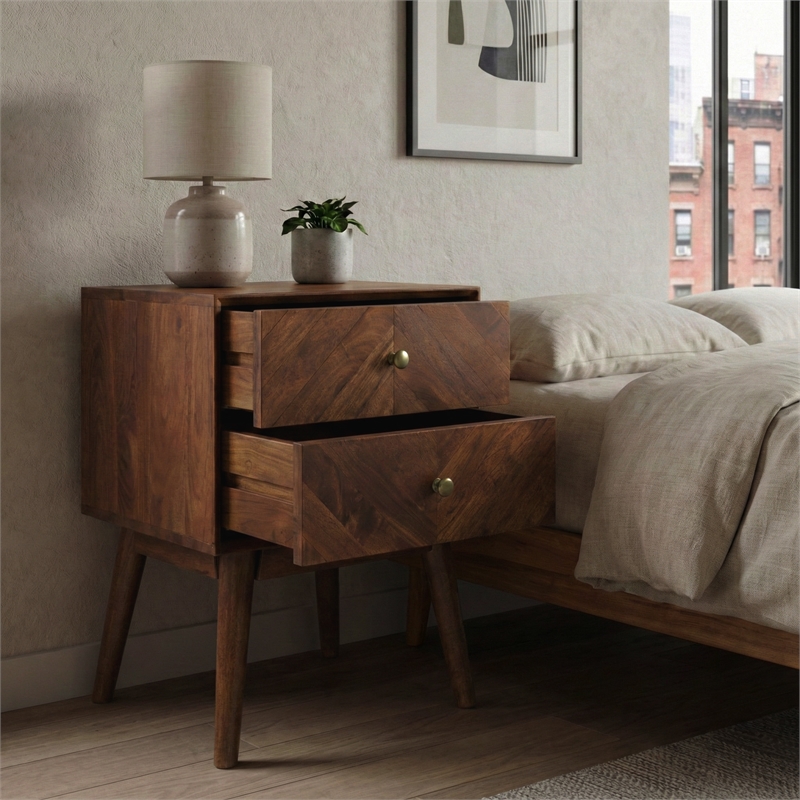 Casartis Living Geometric Mid-Century Solid Wood Nightstand in Acacia Brown