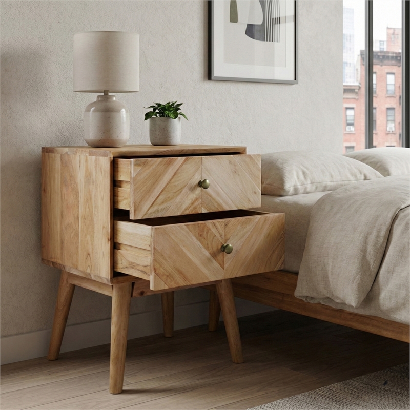 Casartis Living Geometric Mid-Century Solid Wood Nightstand in Natural