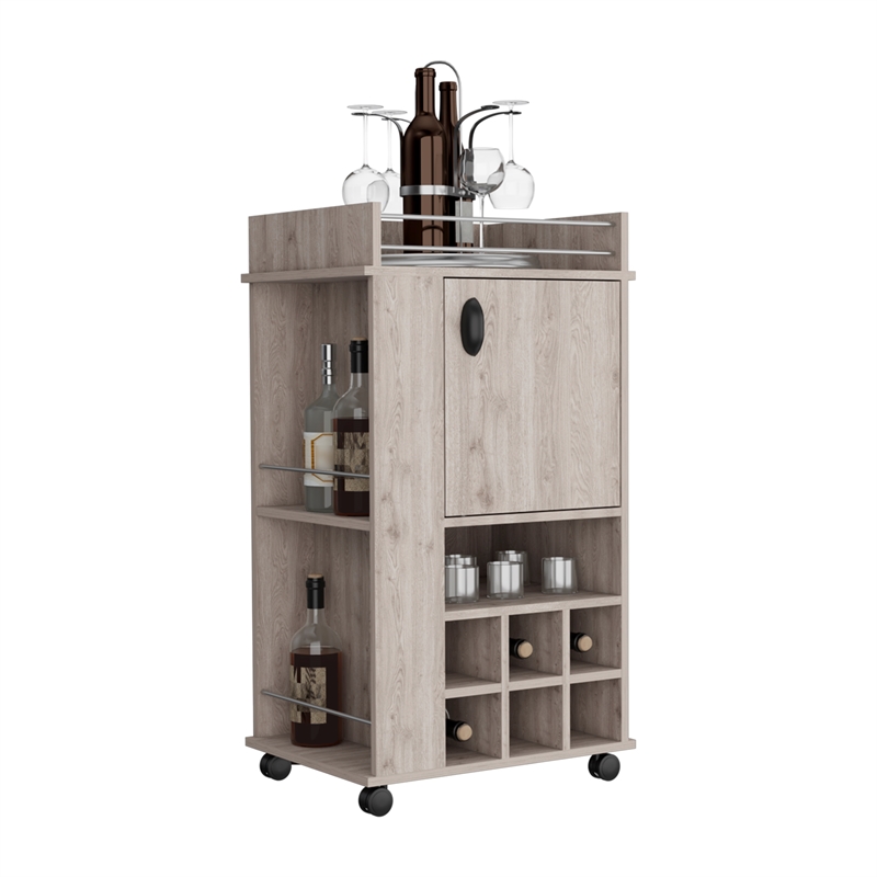Fraser Bar Cart with 6 Built-in Wine Rack in Light Gray Engineered Wood