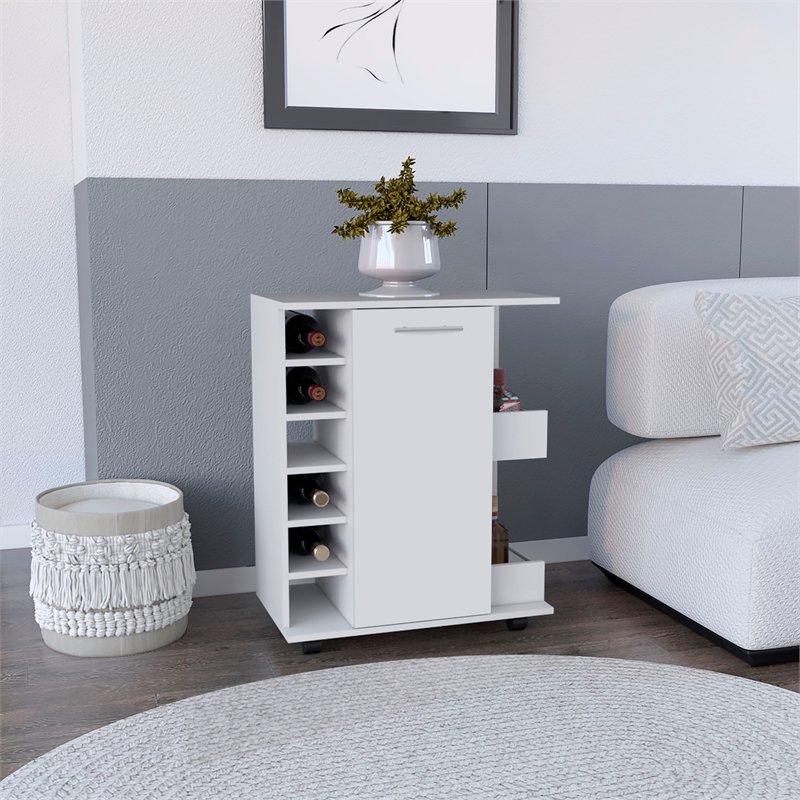 Selden Bar Cart with 2-Open Side Shelves in White Engineered Wood