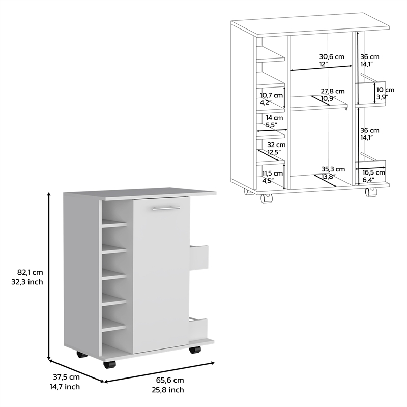 Selden Bar Cart with 2-Open Side Shelves in White Engineered Wood