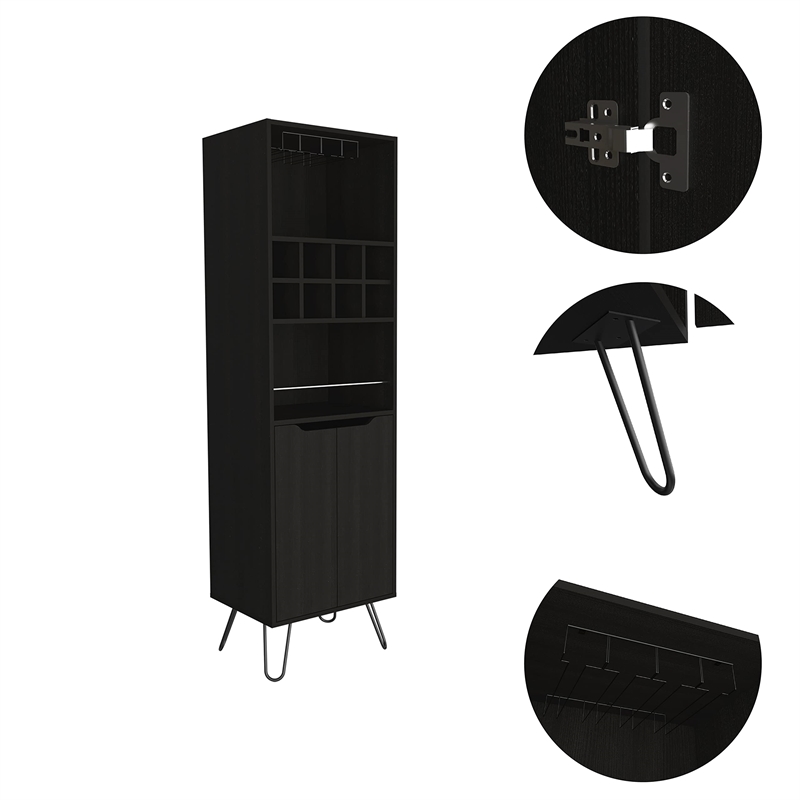 Bar Double Door Cabinet 8 Built in Wine Rack 4 Legs 4 Shelves Black Wengue