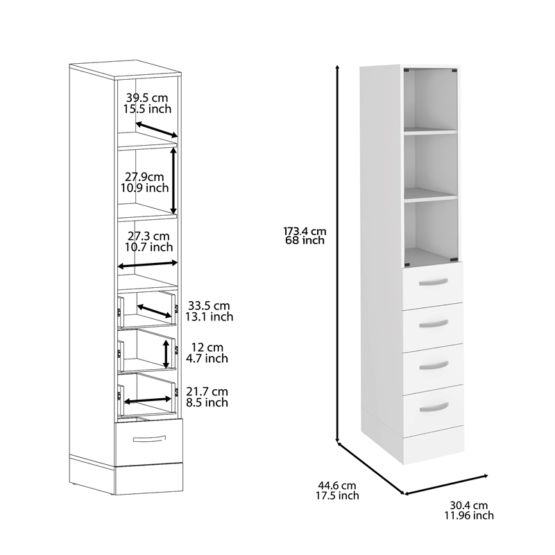Linen Cabinet 3 Shelves 4 Drawers and Metal handles White Engineered Wood