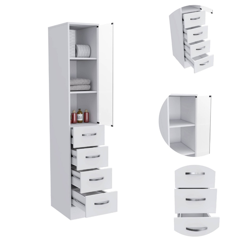 Linen Cabinet 3 Shelves 4 Drawers and Metal handles White Engineered Wood