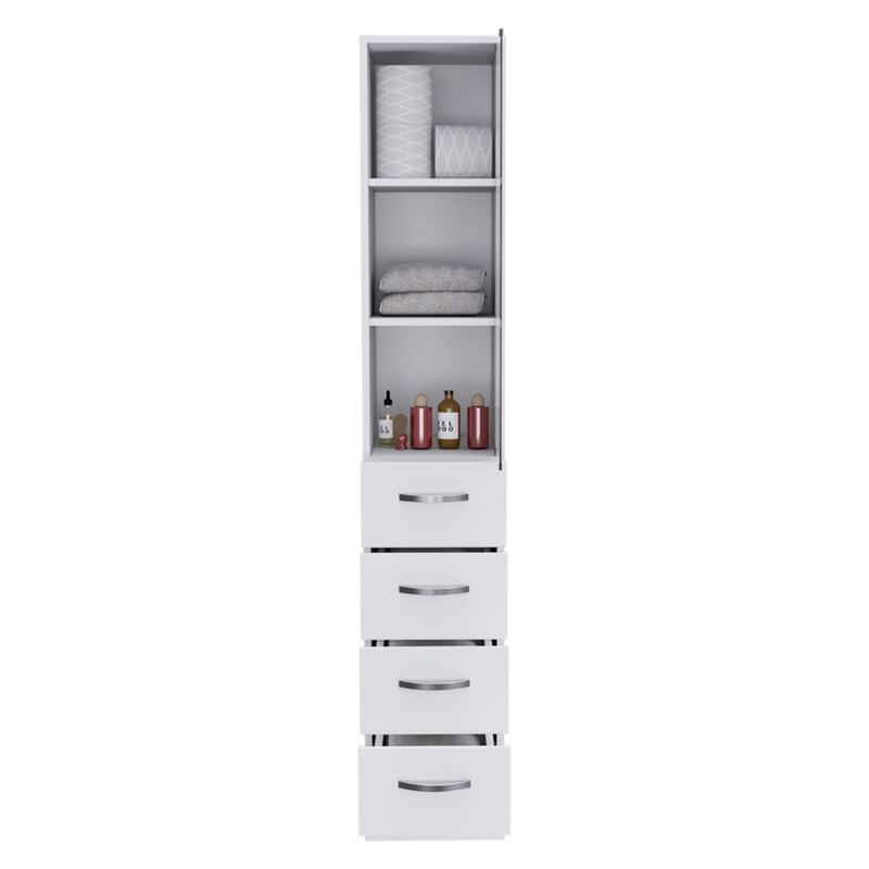 Linen Cabinet 3 Shelves 4 Drawers and Metal handles White Engineered Wood