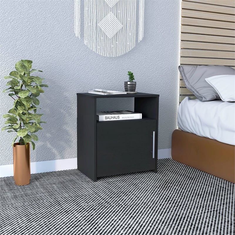Nightstand 1 Door Cabinet Metal Handle 1 Shelf Black Engineered wood
