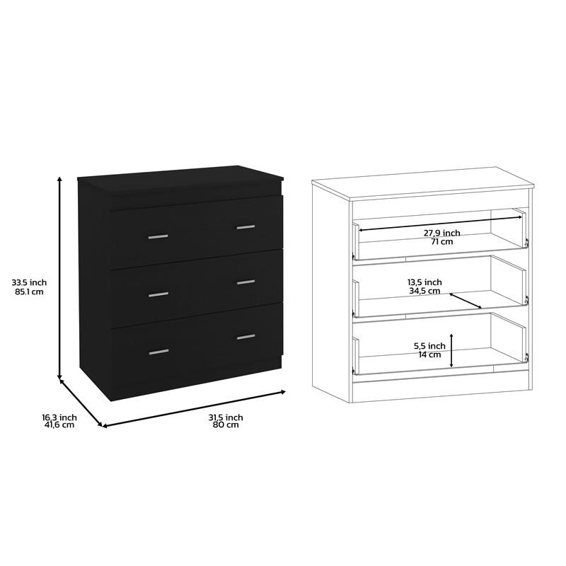 Dresser 3 Drawer Superior Top Metal Handles Black Engineered wood