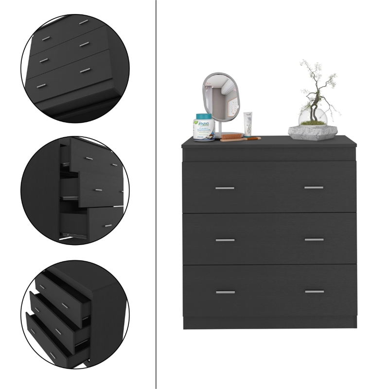 Dresser 3 Drawer Superior Top Metal Handles Black Engineered wood