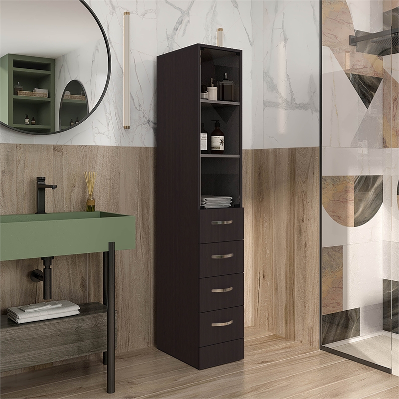 Magna Linen Cabinet Three Shelves Four Drawers Black Wengue Engineered Wood