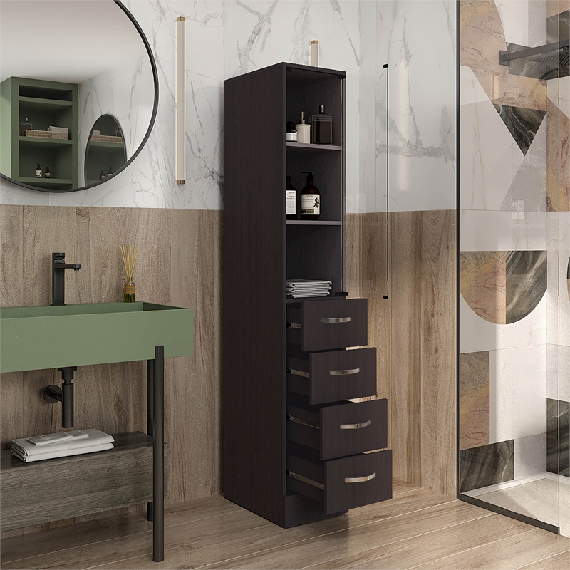 Magna Linen Cabinet Three Shelves Four Drawers Black Wengue Engineered Wood