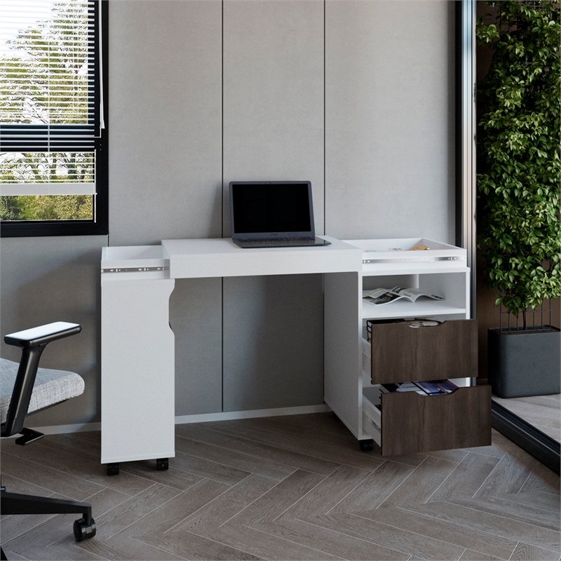 Odessa Extendable Desk 2 Drawers 4 Shelves 4 Wheels White/Walnut Engineered Wood