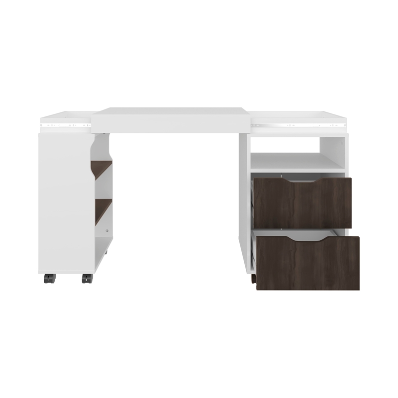 Odessa Extendable Desk 2 Drawers 4 Shelves 4 Wheels White/Walnut Engineered Wood