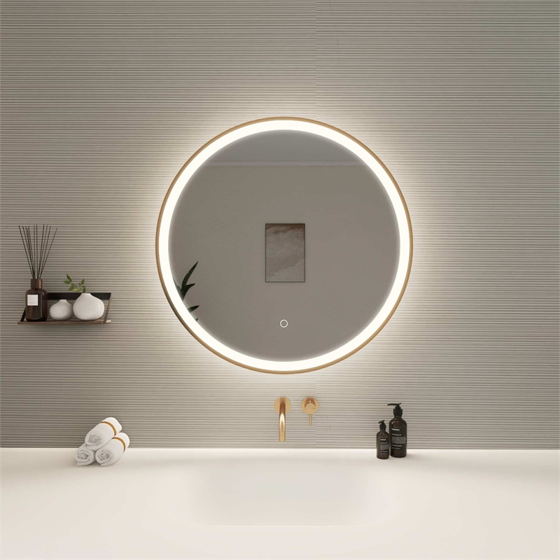 Elegant Kitchen and Bath 28 Round Led Front & Backlit Wall Mirror in Satin Gold