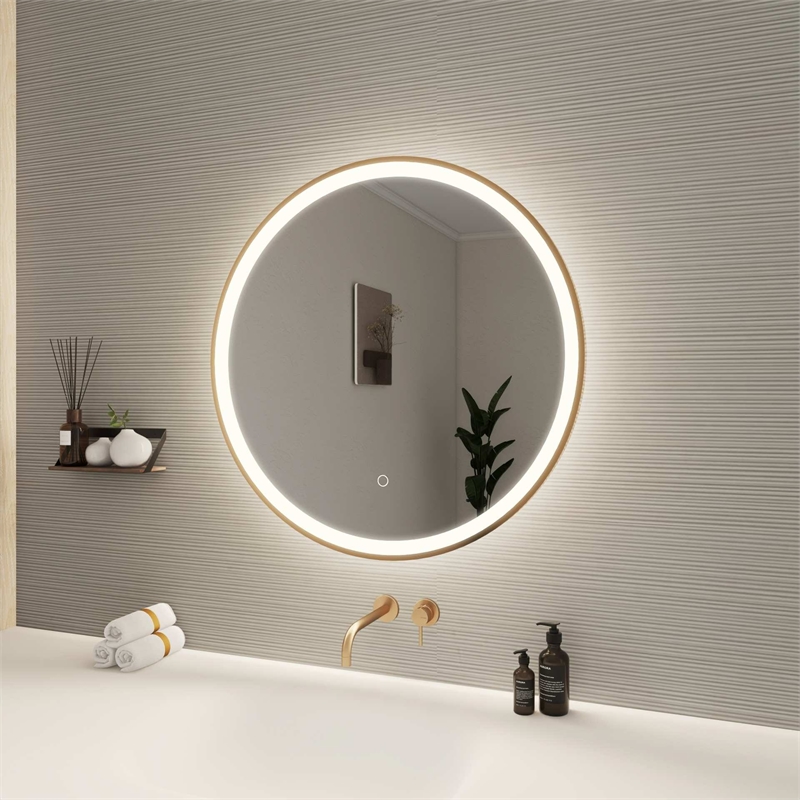 Elegant Kitchen and Bath 28 Round Led Front & Backlit Wall Mirror in Satin Gold