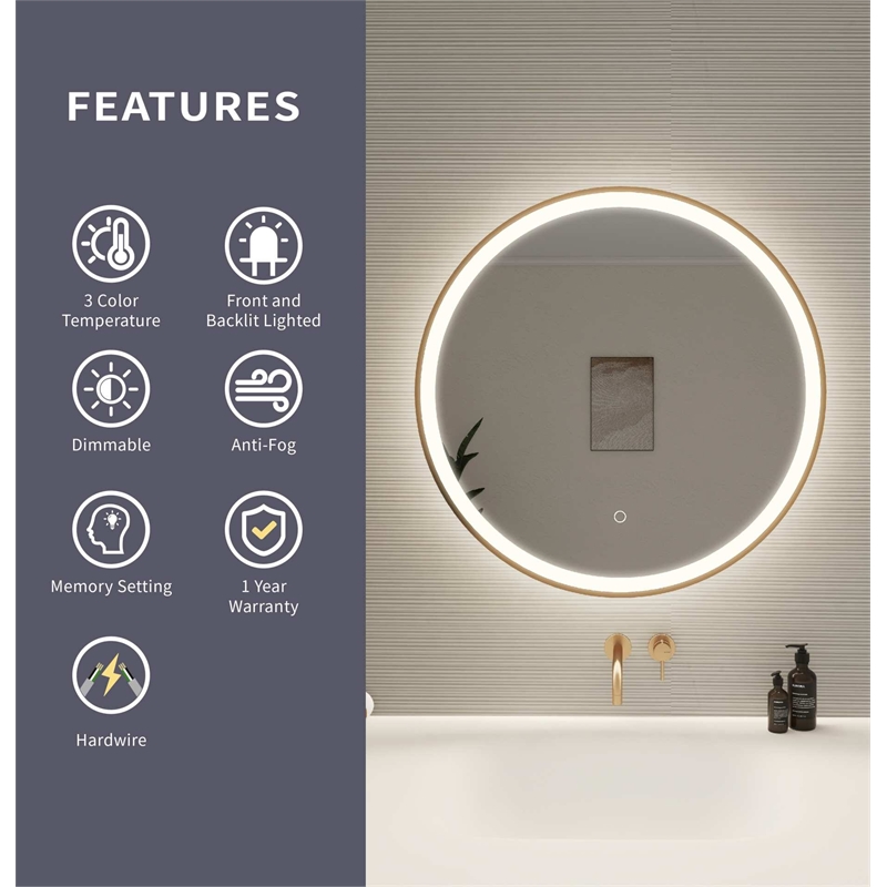 Elegant Kitchen and Bath 28 Round Led Front & Backlit Wall Mirror in Satin Gold