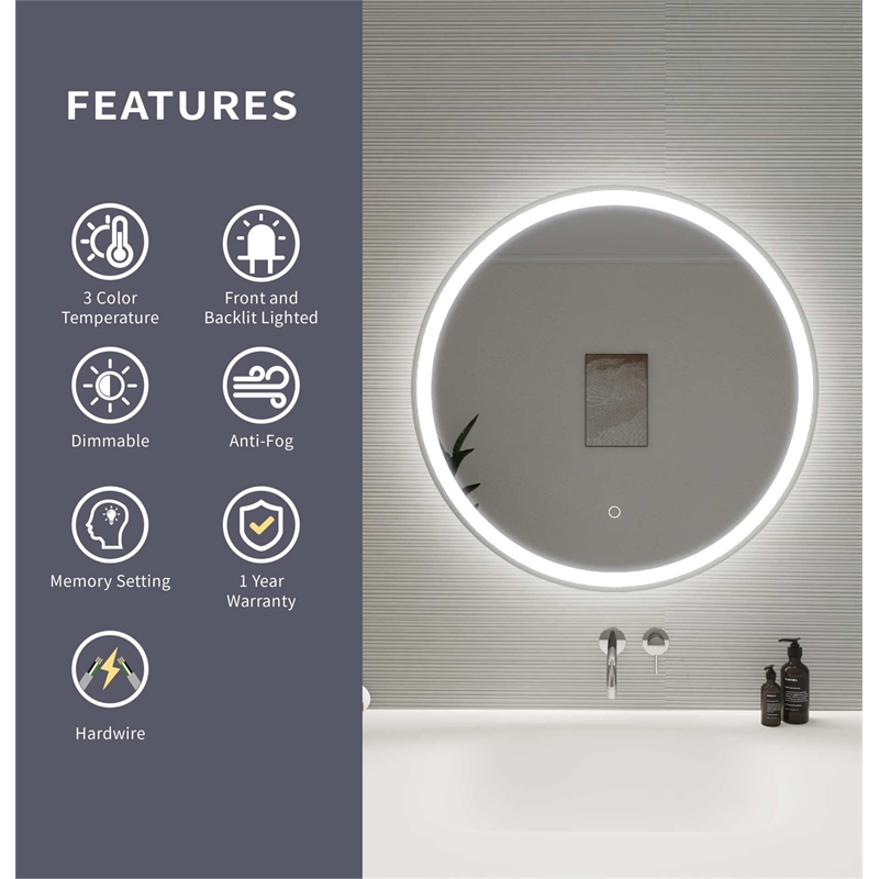 Elegant Kitchen and Bath 28 Round Led Front and Backlit Wall Mirror in Silver