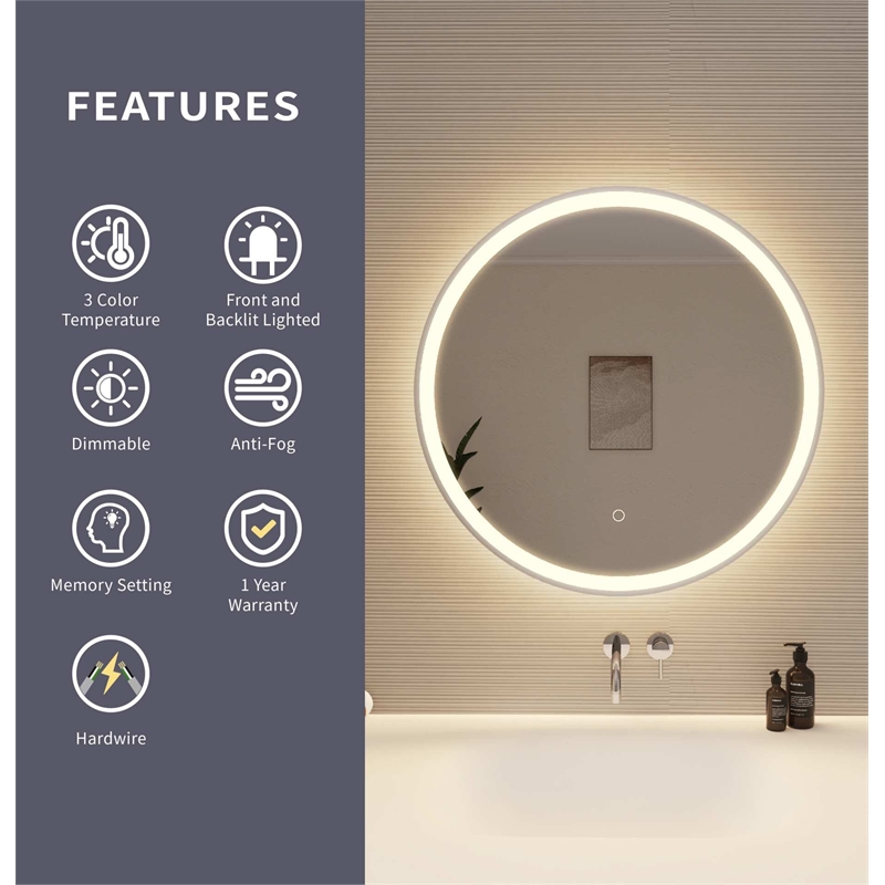 Elegant Kitchen and Bath 28 Round Led Front and Backlit Wall Mirror in Silver
