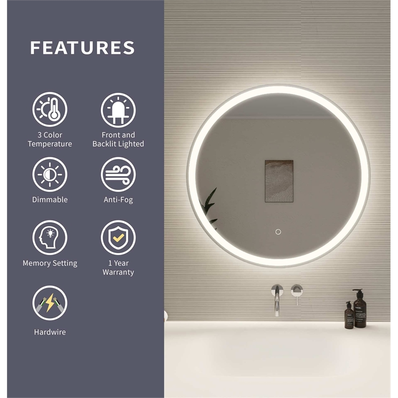 Elegant Kitchen and Bath 28 Round Led Front and Backlit Wall Mirror in Silver