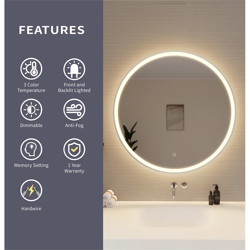 Elegant Kitchen and Bath 36 Round Led Front and Backlit Wall Mirror in Silver