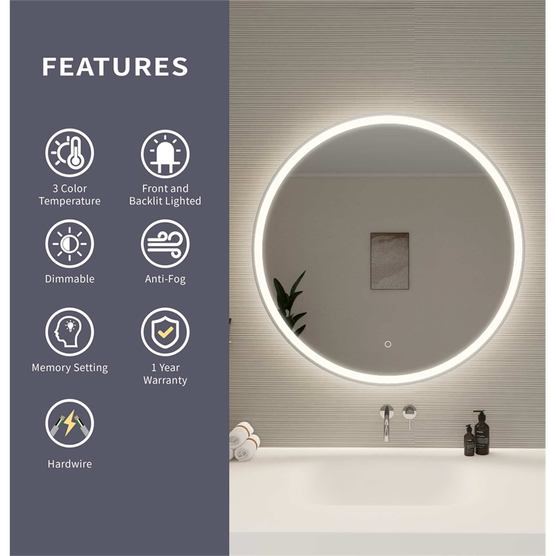 Elegant Kitchen and Bath 36 Round Led Front and Backlit Wall Mirror in Silver